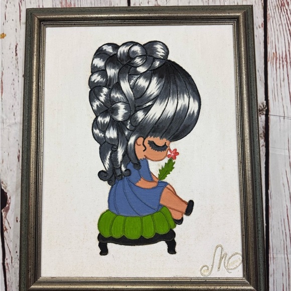 Framed Art Mixed Media Acrylic and Yarn on Canvas 17”x21” Small Painting - Picture 1 of 16